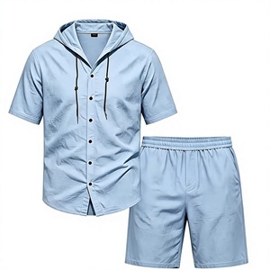 Men Solid Color Hooded Button-Up Shirt Set Elastic Waist Shorts Breathable Knitted Polyester/Cotton 200g Casual Summer Outfit - Product Image 1