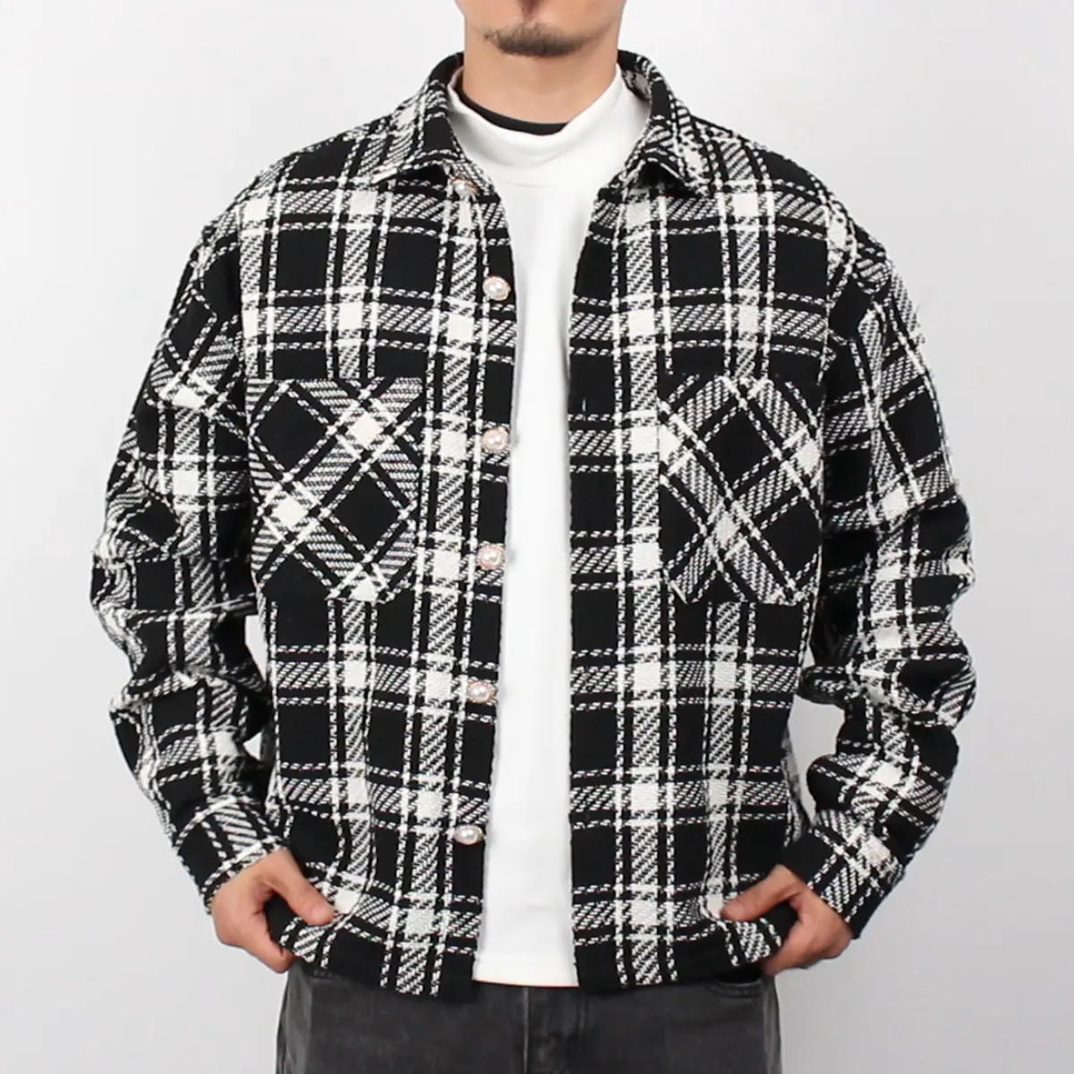 Shinesia OEM/ODM Unisex Crop Casual Slim Button Up diseño de moda abrigo personalizado hombres diseñador Plaid franela camisa Versity chaqueta