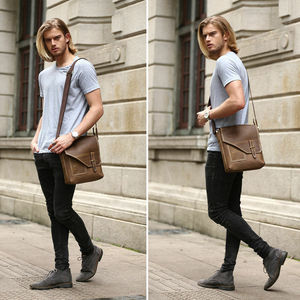 Borsa a tracolla in pelle di cavallo pazzo personalizzata di vendita calda LOGO borsa a tracolla a tracolla in vera pelle da uomo retrò marrone - Product Image 6