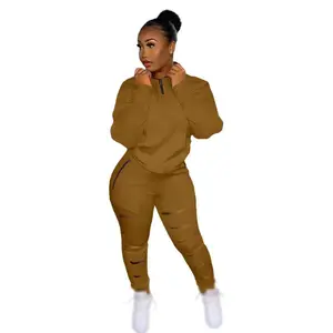Conyson High Quality Autumn Clothes Ture-down Collar OverSize Solid Outfit Zipper Pockets Hole Pant Bodycon Casual 2 Piece Set