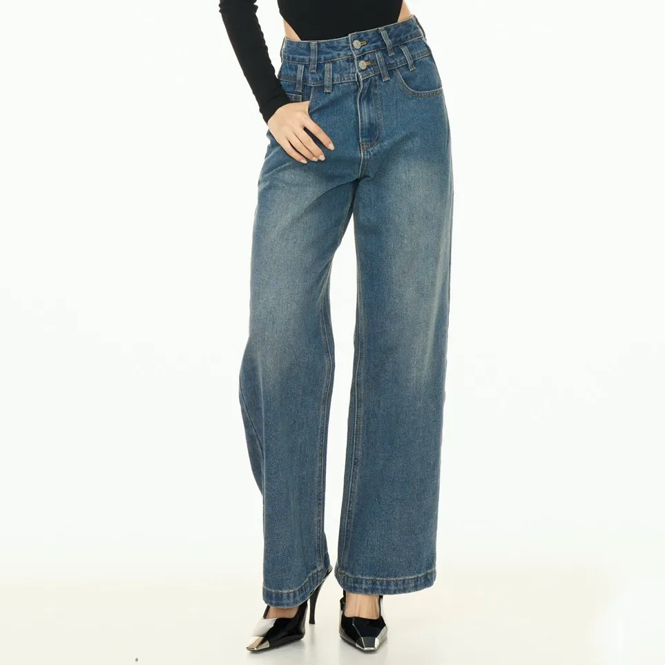 Calça jeans casual de cintura dupla para mulheres, calça jeans de alta qualidade e alta costura, cor personalizada, lavagem, perna reta