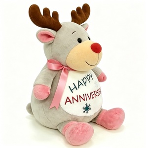 Peluche de renne personnalisée douce et moelleuse, peluche de renne avec ruban rose, peluche de renne à nez rouge - Product Image 1