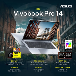 สำหรับ A-SUS <span class=keywords><strong>Vivobook</strong></span> <span class=keywords><strong>Pro</strong></span> <span class=keywords><strong>14</strong></span> 2026 AMD Ryzen AI 9 H 465 Radeon 880M หน้าจอ <span class=keywords><strong>14</strong></span> นิ้ว 2.8K OLED ความละเอียด 2880x1800 120Hz ความสว่าง 1100nits แรม 32GB DDR5  SSD 1TB - Product Image 6