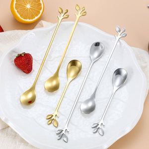 Fourchette à fruits créative en acier inoxydable avec manche en forme de feuille, style européen, petite cuillère à café/dessert dorée, cadeau - Product Image 4