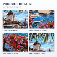 Kit de peinture par numéros Paysage de village en bord de lac avec château et bateau 40x30cm Peintures acryliques Pinceaux Toile numérotée Décoration murale Cadeau
