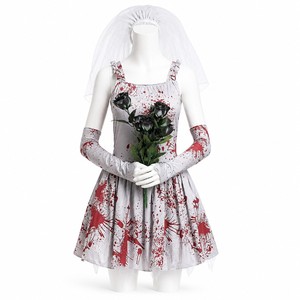Costume da Sposa Insanguinata per Halloween, Abito Grigio <span class=keywords><strong>con</strong></span> Velo Macchiato di Sangue, Scaldabraccia e Bouquet di Rose Nere - Product Image 1