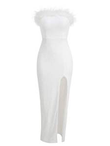 Abito da giorno formale in tessuto pettinato tinta unita, modello tubino con spacco, lunghezza al ginocchio, con piume, traspirante, taglie S/M/L, vita naturale, lavabile, estivo - Product Image 6