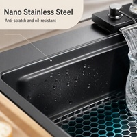Lavello da Cucina Sottopiano a Cascata, Finitura Spazzolata, Design Moderno, Nero Nano, Acciaio Inossidabile 304, Display Digitale