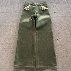 カスタム 16オンス バックバックル 赤耳セルビッジ生地 日本製 ブーツカット ヴィンテージ ストレート ワイドレッグ 生デニム グリーンセルビッジ バギージーンズ - Product Image 1