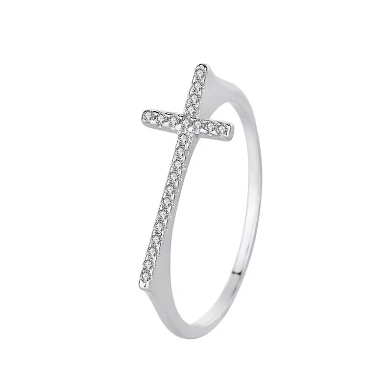 Conjunto de anillo de Plata de Ley 925 con diamantes de circonia, anillo con diamantes de imitación, diseño de cruz de Jesús, para mujeres