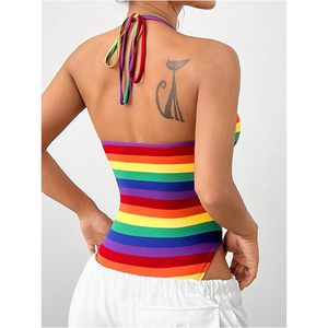 Body de mujer con rayas arcoíris, estilo halter, sin mangas, sin espalda, elástico, top Pride - Product Image 2