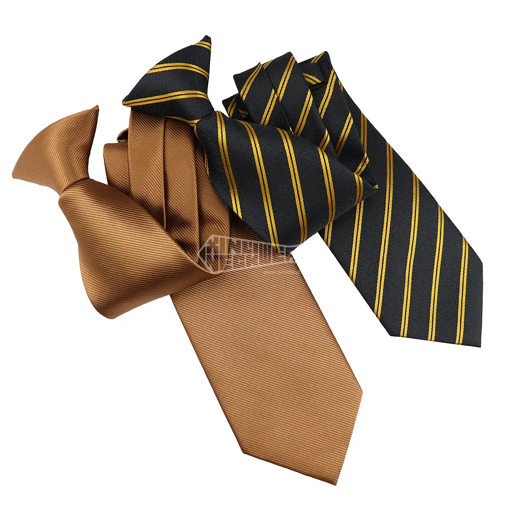 Tinta unita Regimental Stripe nero e oro Pre legato collo cravatta da uomo Vintage poliestere marrone Clip sulle cravatte