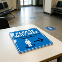 Autocollant de signalisation directionnelle en PVC, « Veuillez attendre ici », point de file d'attente, autocollant durable en PVC pour hôpital, bureau, magasin, sol.