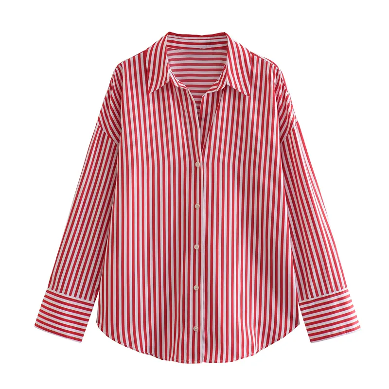 Kaopu Za Vrouwen Strepen Poplin Shirts Vintage Lange Mouwen Knoop-Up Vrouwelijke Blouses Blusas Chique Tops