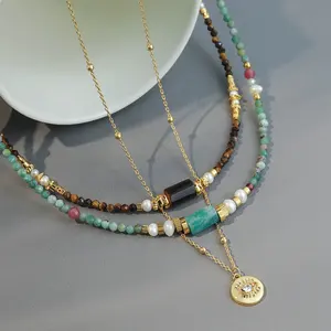 Oeil agate pierre naturelle perle d'eau douce turquoise naturelle long collier de perles bijoux de luxe, longs colliers, pierre naturelle