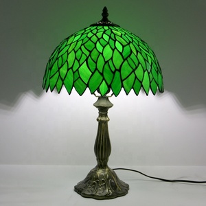 LongHuiJing Green Leaf Dome Stained Glass E26 AC LED Table Lamp for Bedroom Living Room - Product Image 1
