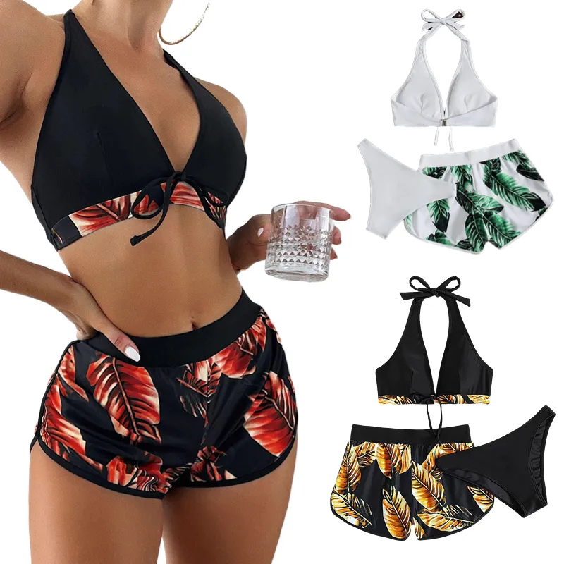 2023 Nieuwe Lotusblad Print Shorts Split Badpak Bikini Set Oem Odm Logo Vrouwen 3-delig Badpak