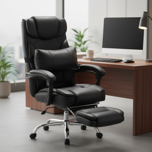 Chaise de bureau exécutive à dossier haut avec repose-pieds, en cuir véritable, base chromée, accoudoirs réglables, capacité de 300 lb - Product Image 2