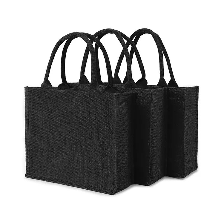 Simple fashion black blank design hemp tote shopping jute tote bag reusable