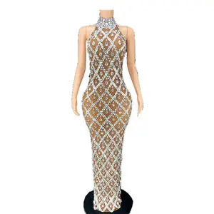 Donne cristalli scintillanti paillettes lunga sera Prom Party compleanno trasparente spettacolo Stage Wear Mesh strass Dress