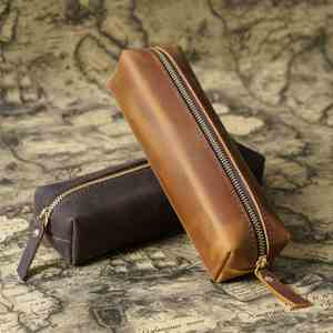 Simple Top Layer Cowhide Zipper Pencil Case Student Pencil <b>Box</b> <b>Large</b> Capacity Stationery Bag Welcome <b>Gifts</b> Promotional Durable - Product Image 2