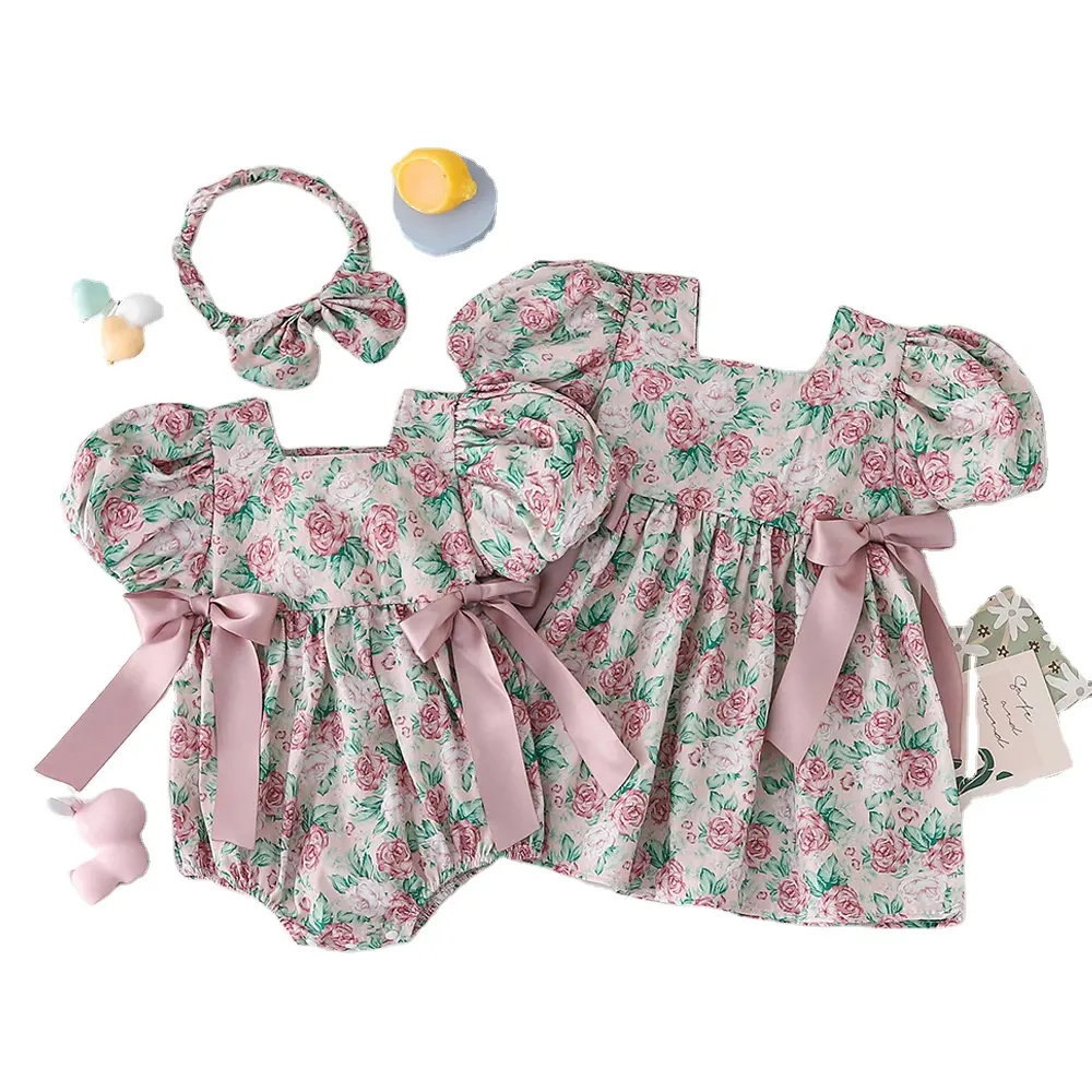 Ventes directes d'usine à manches courtes en pur coton été rose imprimé floral arc 0-3 ans filles bébé body