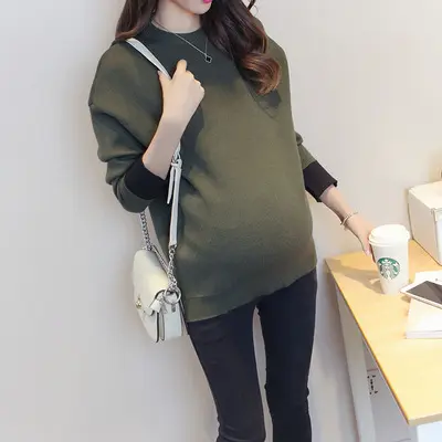 LLDRESS Fall Winter Thickened Casual Knitted Maternity Sweater Korean Long Sleeve Blouse For Pregnant Women