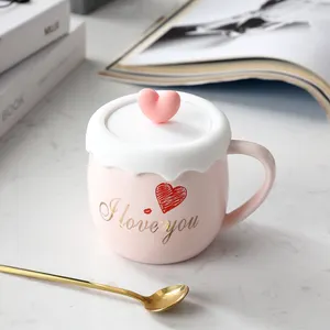 Mug Pink Cute Ceramic Mug With Lid Heart Porcelain Cup With Custom Logo