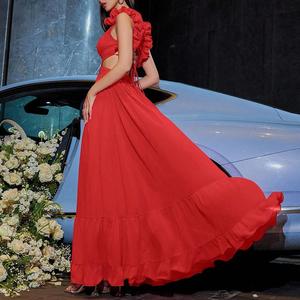 Vestidos de mujer de moda de gasa floral con espalda descubierta, lazo cruzado, plisados y con dobladillo grande - Product Image 4