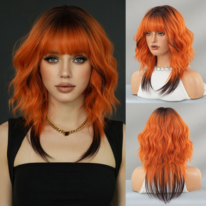 Perruque synthétique ondulée courte de 18 pouces, ombrée, racine foncée à <span class=keywords><strong>orange</strong></span> vif, avec frange, en <span class=keywords><strong>fibre</strong></span> résistante à la chaleur, aspect naturel mat, Peluca - Product Image 1