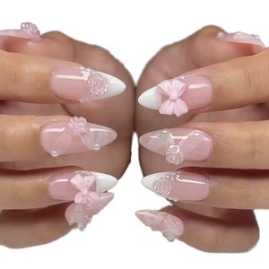 Vente en gros de faux ongles en press-on français 3D rose cerise faits à la main, réutilisables, emballage personnalisé, 10 pièces - Product Image 2