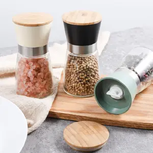 170ml Capacity Eco-Friendly Spcie Mills Salt And Pepper Grinder Set With Glass Jars And Wood Lid Adjustable Manual Pepper Mills