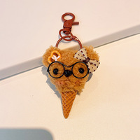 En gros, Porte-clés et breloque de sac en peluche ours mignon et moelleux, style Kawaii, avec lunettes et nœud décoratif, en forme de mini cornet de glace ou de gaufre