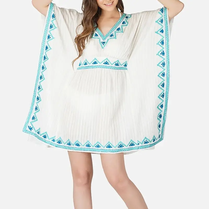 OEM Women Summer V-neckline Lurex Stripes Cotton Beach Dress Blue Embroidered Kaftan Dress STD9110A