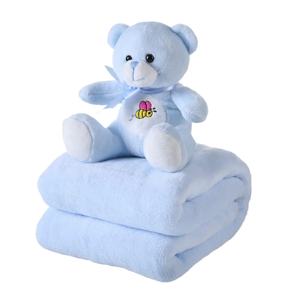 Manta lisa de oso de peluche azul para bebé, juego de regalo para niño, mantas personalizadas con nombre de bebé