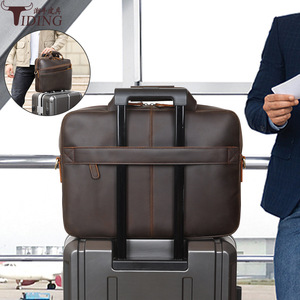 Tiding Genuine Leather Business <b>Briefcase</b> 15.6 Inch Laptop Bag Men's Shoulder Bag Dark Brown Durable Top Layer Cowhide - Product Image 2