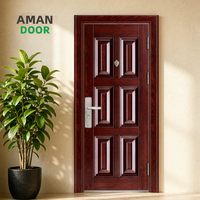 Porte de sécurité en acier grain de bois rouge foncé, panneaux ondulés bicolores gaufrés, poignée œil-de-chat argentée, classique, extérieur, best-seller Afrique