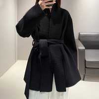Manteau enveloppant sans col en tricot côtelé de haute qualité Jancoco pour femmes, manteaux en cachemire et laine sur mesure de longueur moyenne avec ceinture