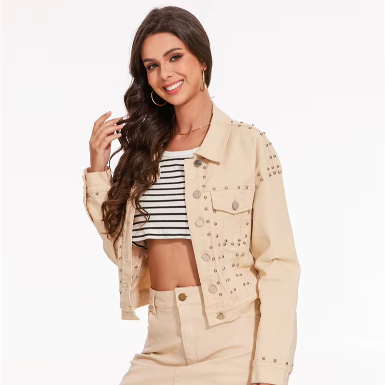 Women Denim Rivet Studded Distressed Washed Vintage Casual Western