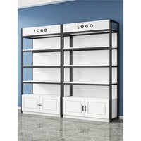 Meuble de présentation commercial personnalisé à plusieurs niveaux, blanc, modèle rectangulaire, hauteur au sol, pour cosmétiques, spiritueux et tabac