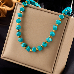 Turquoise Beaded Necklace Geometric Shape Sky Blue Color Irregular Design Fashion Jewelry - Product Image 1