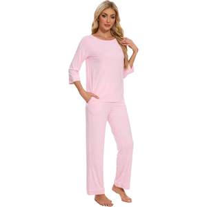 Ensemble de pyjama pour femmes personnalisé, col rond, manches 3/4, vêtements de nuit doux en viscose de bambou, tailles S à XXL - Product Image 3