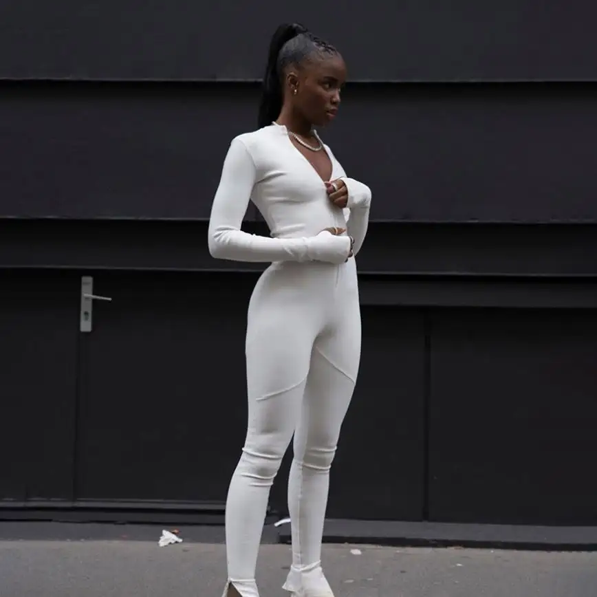 Bodysuit Nữ Romper Đồ Ngủ Người Lớn Zip Up Chặt Chẽ Dài Tay Một Mảnh Jumpsuit Cô Gái Bộ Quần Áo