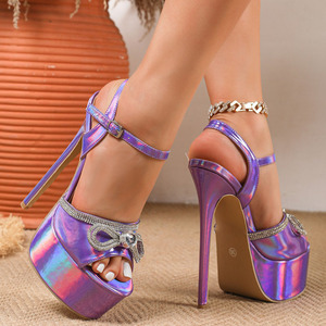 Sandales à talons hauts et plateforme épaisse pour femmes, avec boucle à la cheville, ornées de diamants et d'un nœud, idéales pour les soirées et la danse - Product Image 4