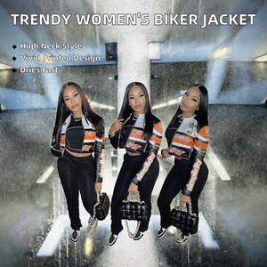 Nouvelle Tendance Automne 2026 – Blouson Moto Femme Printemps 2023 en Cuir PU, Col Montant, Fermeture Éclair, Motif Imprimé - Product Image 2