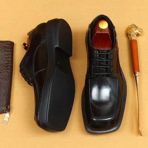 Men's British <b>Style</b> Square <b>Head</b> Derby Shoes Thick Sole Glossy Patent Leather Slip-On Breathable Hard-Wearing Business Casual - Product Image 2