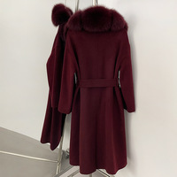 Manteau long en laine 100% pour femmes, design luxueux d'hiver, col en fourrure de renard amovible, manches longues, amincissant, avec ceinture