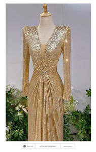 Vestido de Noche Formal con Lentejuelas y Cuello en V para Mujer - Vestido de Manga Larga con Cintura Fruncida - Product Image 4