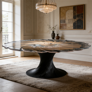 Table à manger ronde en verre artistique, plateau transparent à motif tourbillonnant, base sur pied moderne et unique, grand meuble <span class=keywords><strong>de</strong></span> cuisine pour villa, pièce maîtresse - Product Image 4