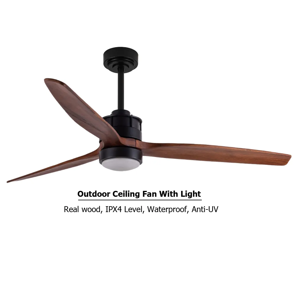 Contemporary Waterproof Wooden Blades DC Quiet Motor Wet Rated Outside Patios Gazebos Outdoor Ceiling Fan With LED Light